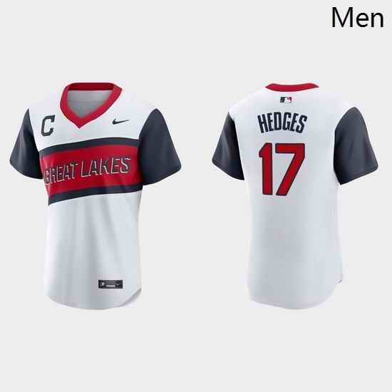 Men Cleveland Indians 17 Austin Hedges Men Nike White 2021 Little League Classic Authentic MLB Jersey